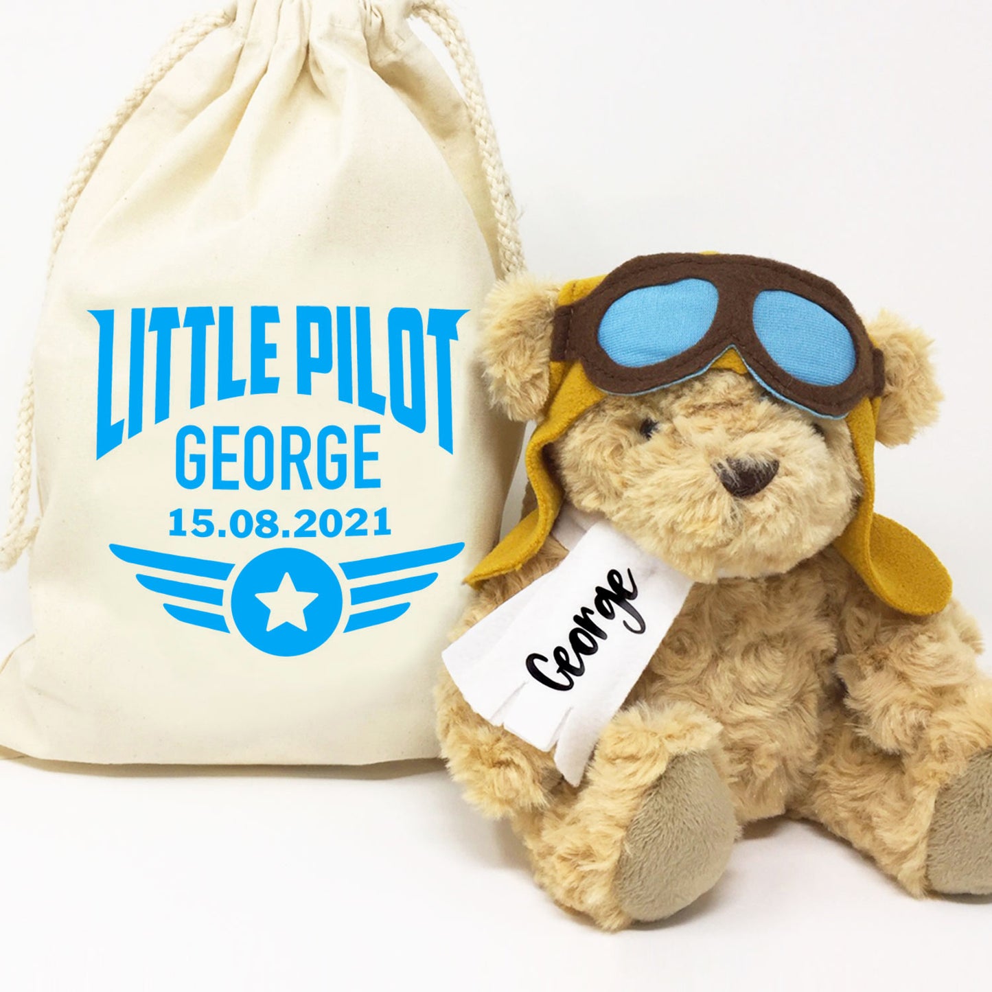Personalised Pilot Teddy Bear and Canvas Gift Bag - FREE UK SHIPPING